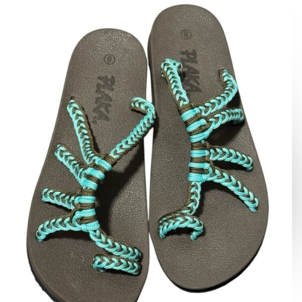 Plaka boho beachy coastal comfy relief Turquoise Black sandals arch support 8